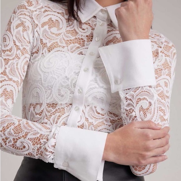 Anne Fontaine Cathelle Stretch Sheer Lace Shirt in White, size 40 - Picture 2 of 7